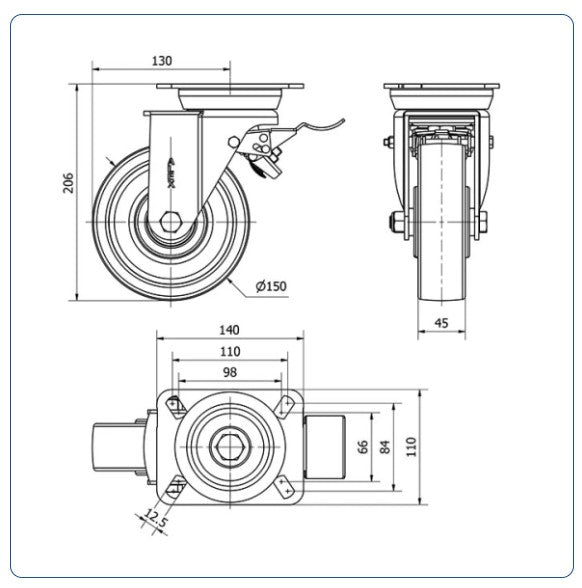 Nylon zwenkwiel geremd met topplaat - 150mm - 750kg Kogellager