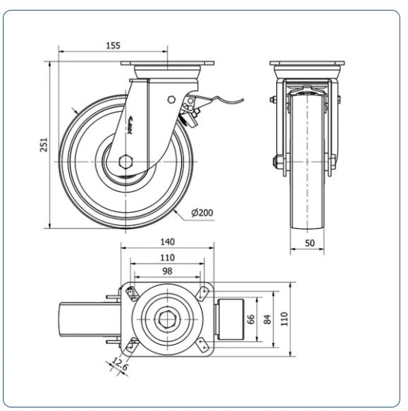 Nylon zwenkwiel geremd met topplaat - 200mm - 800kg Kogellager
