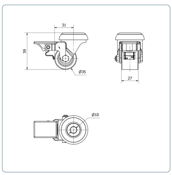 PU zwenkwiel geremd met centraal gat  - 35mm - 100kg Kogellager