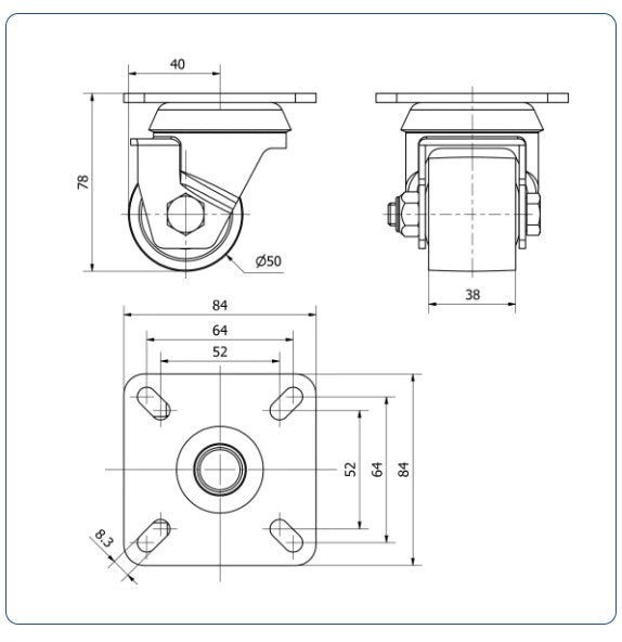 Nylon zwenkwiel met topplaat  - 50mm - 300kg Kogellager