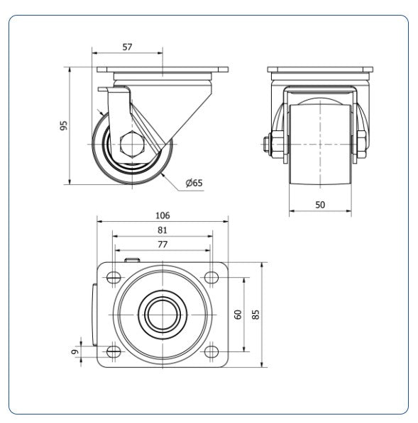 Zwart Nylon zwenkwiel met topplaat  - 65mm - 500kg Kogellager