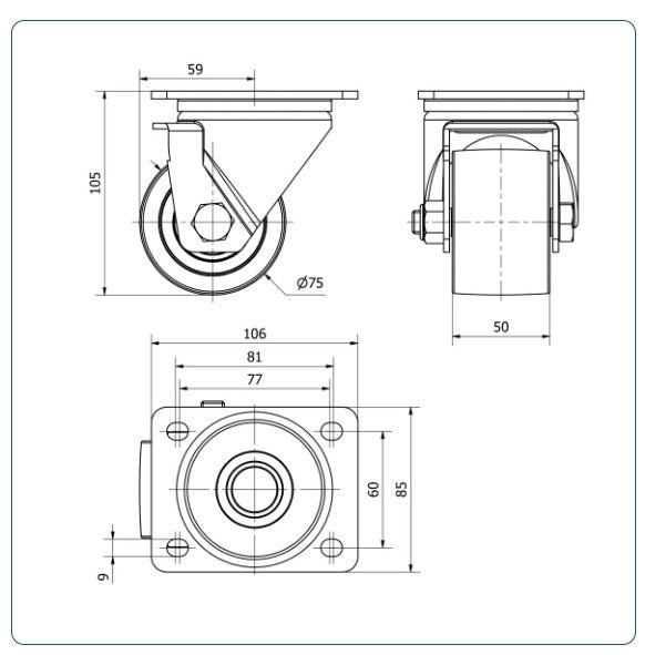 Zwart Nylon zwenkwiel met topplaat  - 75mm - 600kg Kogellager