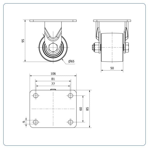 Zwart Nylon bokwiel  - 65mm - 500kg Kogellager