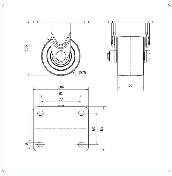 Zwart Nylon bokwiel  - 75mm - 600kg Kogellager