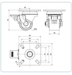 Zwart Nylon zwenkwiel geremd met topplaat  - 50mm - 300kg Kogellager