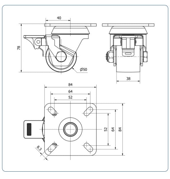 Zwart Nylon zwenkwiel geremd met topplaat  - 50mm - 300kg Kogellager