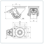 Zwart Nylon zwenkwiel geremd met topplaat  - 65mm - 500kg Kogellager