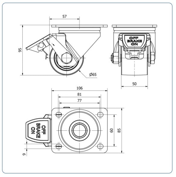 Zwart Nylon zwenkwiel geremd met topplaat  - 65mm - 500kg Kogellager