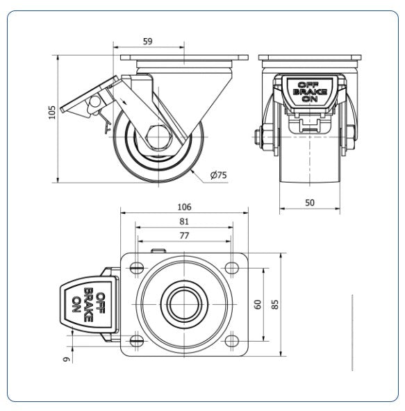 Zwart Nylon zwenkwiel geremd met topplaat  - 75mm - 600kg Kogellager