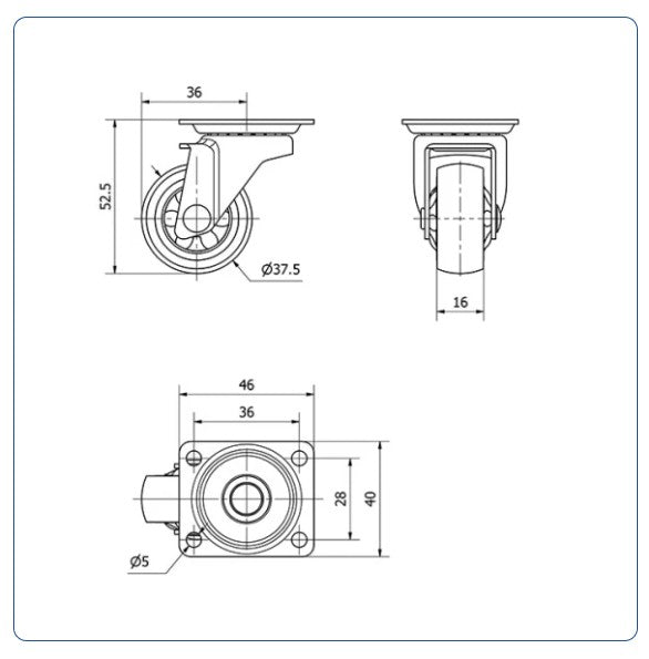 Meubel zwenkwiel TPR met topplaat  - 40mm - 20kg Kogellager