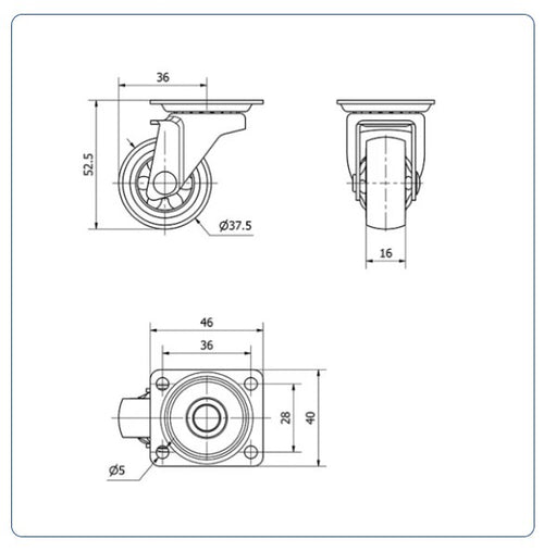 Meubel zwenkwiel TPR met topplaat  - 40mm - 20kg Kogellager
