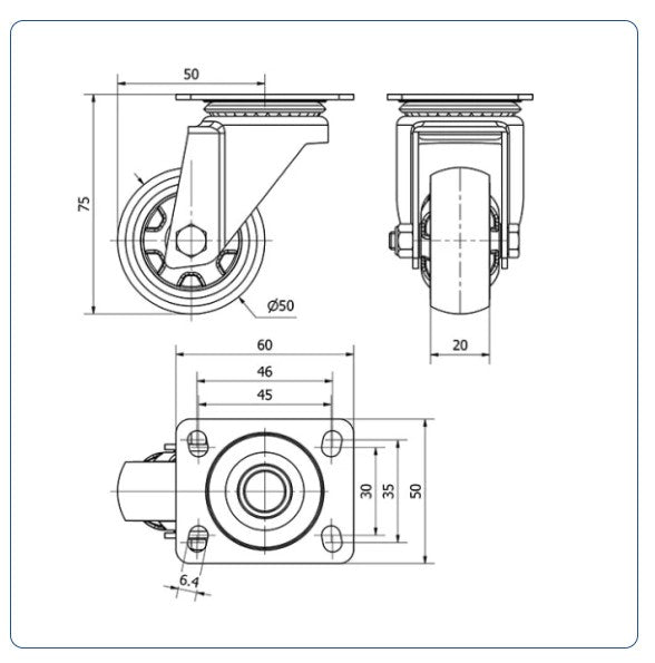 Meubel zwenkwiel TPR met topplaat  - 50mm - 30kg Kogellager