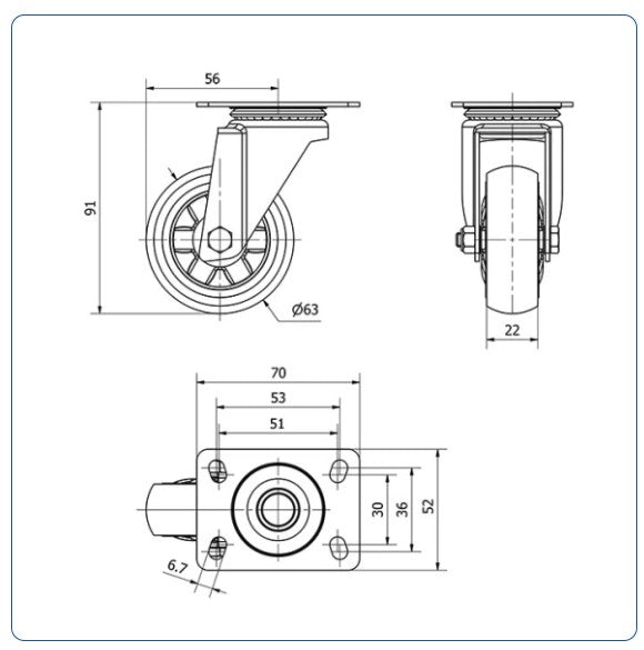 Meubel zwenkwiel TPR met topplaat  - 60mm - 40kg Kogellager