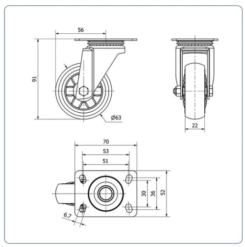 Meubel zwenkwiel TPR met topplaat  - 60mm - 40kg Kogellager