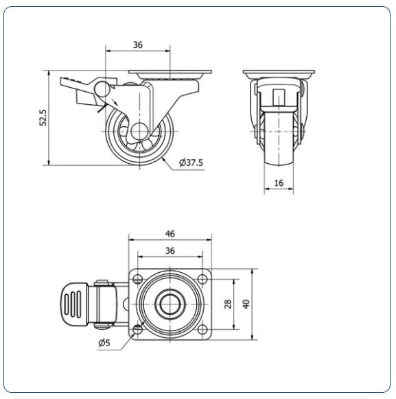 Meubel zwenkwiel TPR geremd met topplaat  - 40mm - 20kg Kogellager