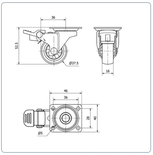 Meubel zwenkwiel TPR geremd met topplaat  - 40mm - 20kg Kogellager