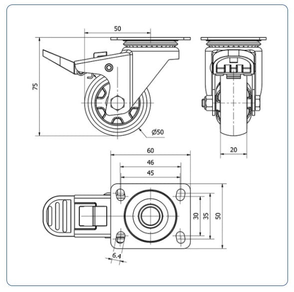 Meubel zwenkwiel TPR geremd met topplaat  - 50mm - 30kg Kogellager