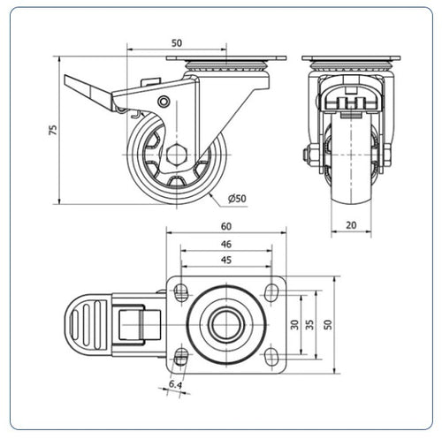Meubel zwenkwiel TPR geremd met topplaat  - 50mm - 30kg Kogellager