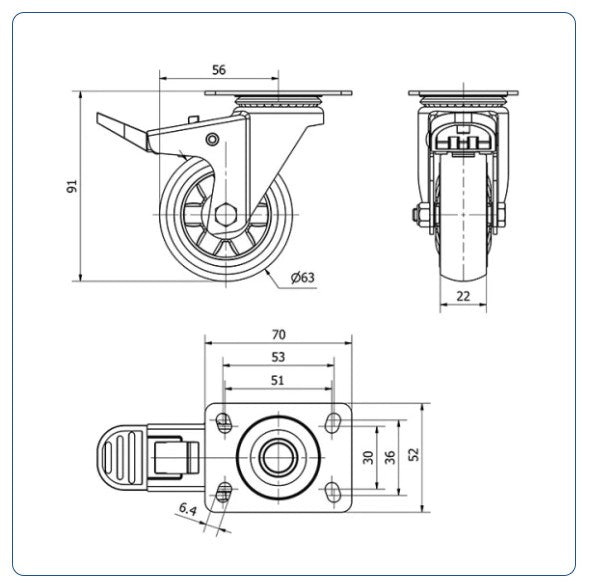Meubel zwenkwiel TPR geremd met topplaat  - 60mm - 40kg Kogellager