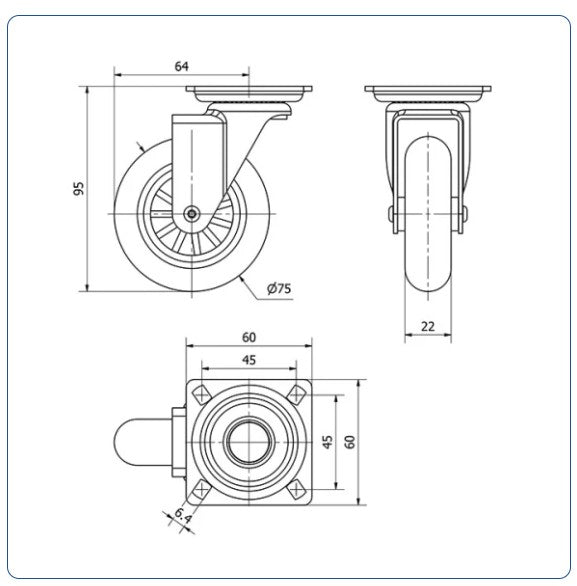 Transparant Meubel zwenkwiel met topplaat  - 75mm - 60kg
