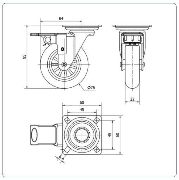 Transparant Meubel zwenkwiel geremd met topplaat  - 75mm - 60kg