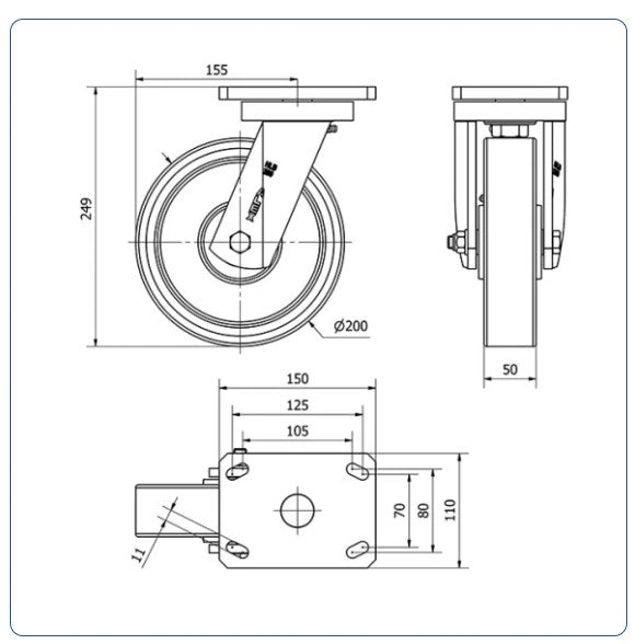 PU zwaarlast zwenkwiel- 200mm - 1100kg Kogellager