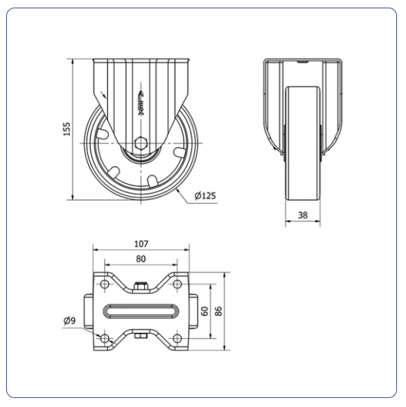 PU aluminium bokwiel  - 125mm - 250kg Kogellager