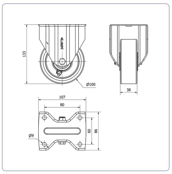 PU aluminium bokwiel  - 100mm - 250kg Kogellager