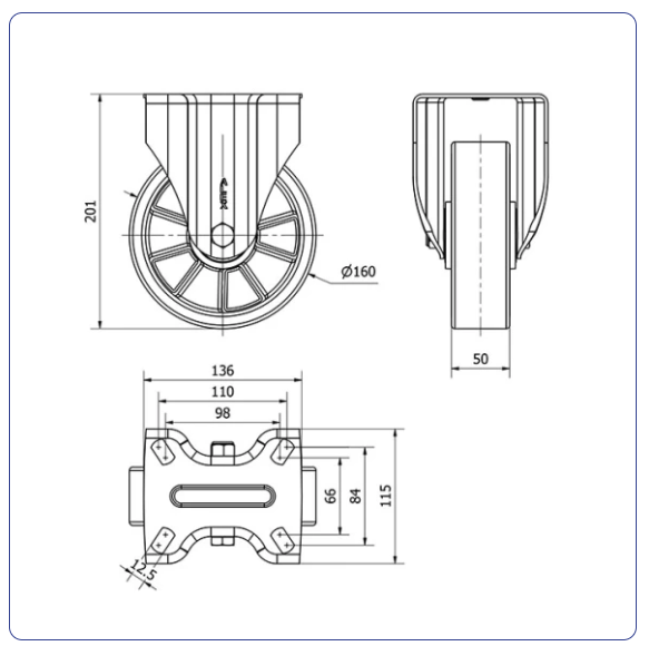 PU aluminium bokwiel  - 160mm - 400kg Kogellager