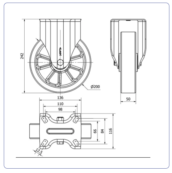 PU aluminium bokwiel  - 200mm - 400kg Kogellager