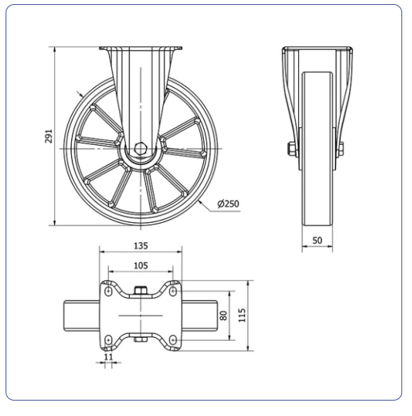 PU aluminium bokwiel  - 250mm - 400kg Kogellager