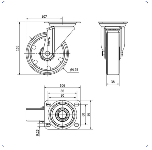 PU aluminium zwenkwiel met topplaat  - 125mm - 250kg Kogellager