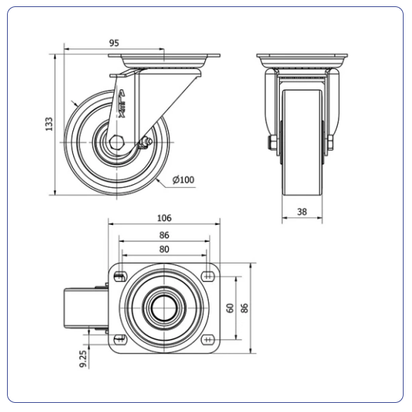 PU aluminium zwenkwiel met topplaat  - 100mm - 250kg Kogellager