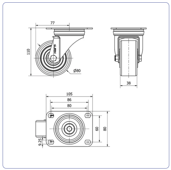 PU aluminium zwenkwiel met topplaat  - 80mm - 200kg Kogellager