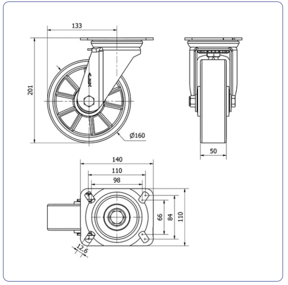 PU aluminium zwenkwiel met topplaat  - 160mm - 400kg Kogellager