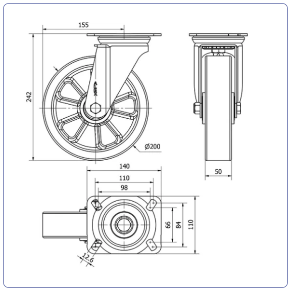 PU aluminium zwenkwiel met topplaat  - 200mm - 400kg Kogellager
