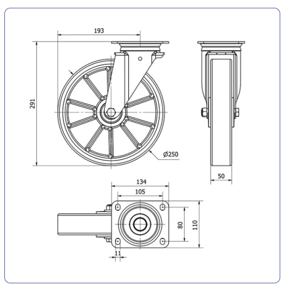 PU aluminium zwenkwiel met topplaat  - 250mm - 400kg Kogellager