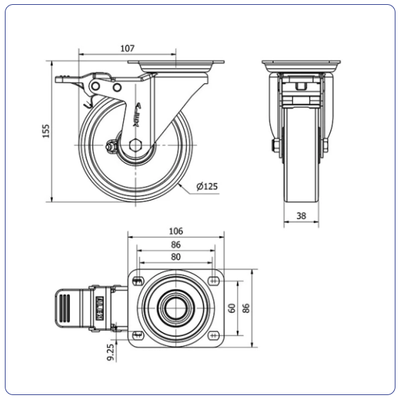PU aluminium zwenkwiel geremd met topplaat  - 125mm - 250kg Kogellager