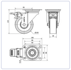 PU aluminium zwenkwiel geremd met topplaat  - 100mm - 250kg Kogellager