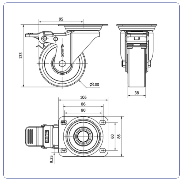 PU aluminium zwenkwiel geremd met topplaat  - 100mm - 250kg Kogellager