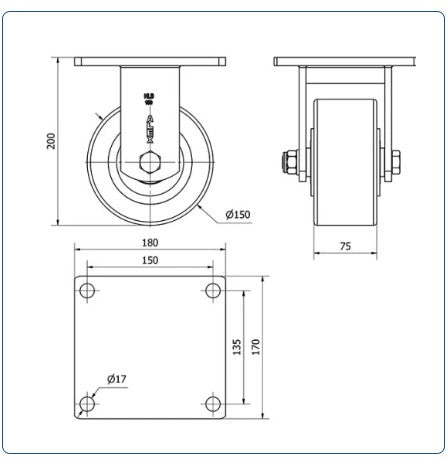 PU zwaarlast bokwiel breed- 150mm - 800kg Kogellager