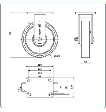 PU zwaarlast bokwiel- 200mm - 800kg Kogellager