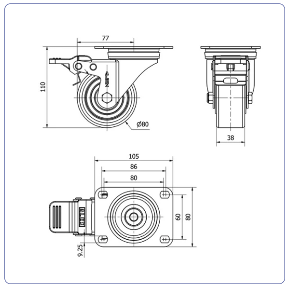 PU aluminium zwenkwiel geremd met topplaat  - 80mm - 200kg Kogellager