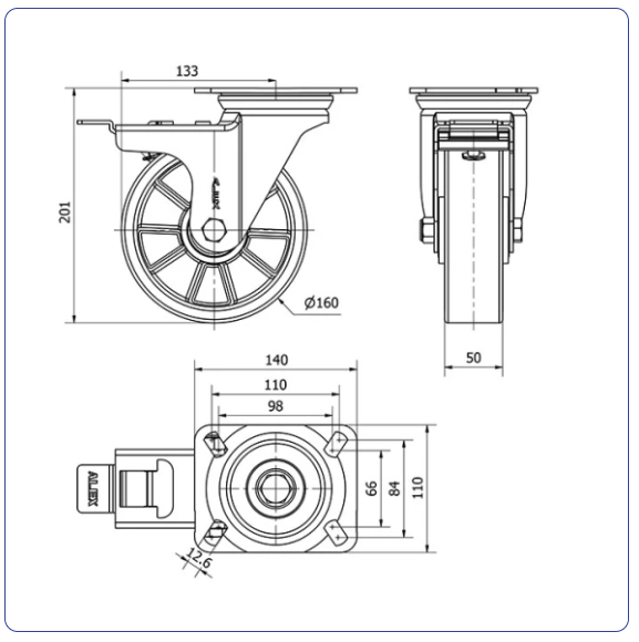 PU aluminium zwenkwiel geremd met topplaat  - 160mm - 400kg Kogellager