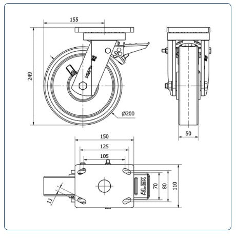 PU zwaarlast zwenkwiel geremd met topplaat - 200mm - 1100kg Kogellager