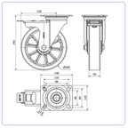PU aluminium zwenkwiel geremd met topplaat  - 200mm - 400kg Kogellager