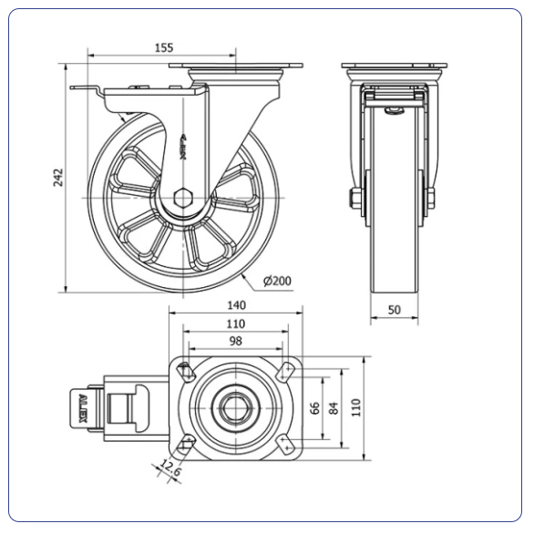 PU aluminium zwenkwiel geremd met topplaat  - 200mm - 400kg Kogellager