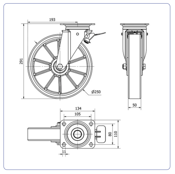 PU aluminium zwenkwiel geremd met topplaat  - 250mm - 400kg Kogellager