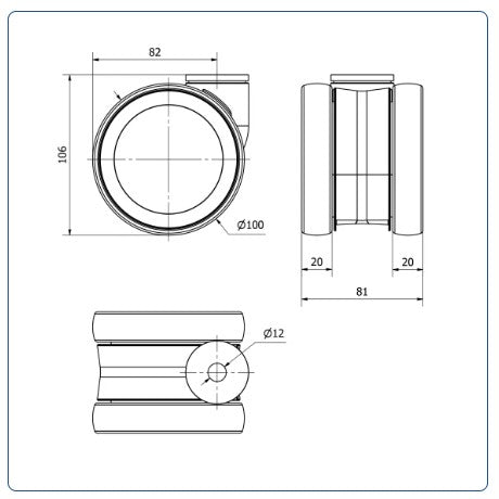 PU voor ziekenhuis Dubbel zwenkwiel met centraal gat - 100mm - 125kg Kogellager
