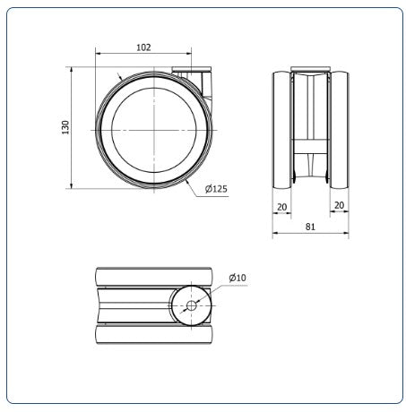 PU voor ziekenhuis Dubbel zwenkwiel met centraal gat - 125mm - 125kg Kogellager